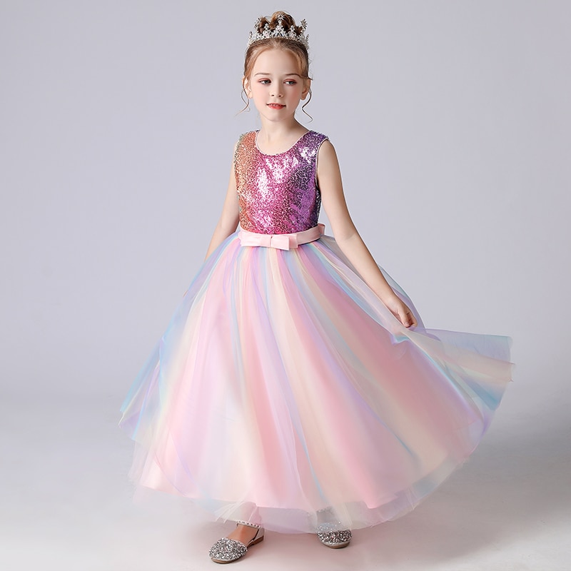 Q1802 2023 New Summer Korean Princess Girls' Long Dress Children's Performance Rainbow Skirt Dance