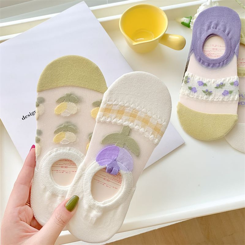 Fashion Woman Sock Slippers Thin New Summer Korean Style Fresh Flower Socks Lady Anti-slip Transparent Soft Invisible Socks Girl