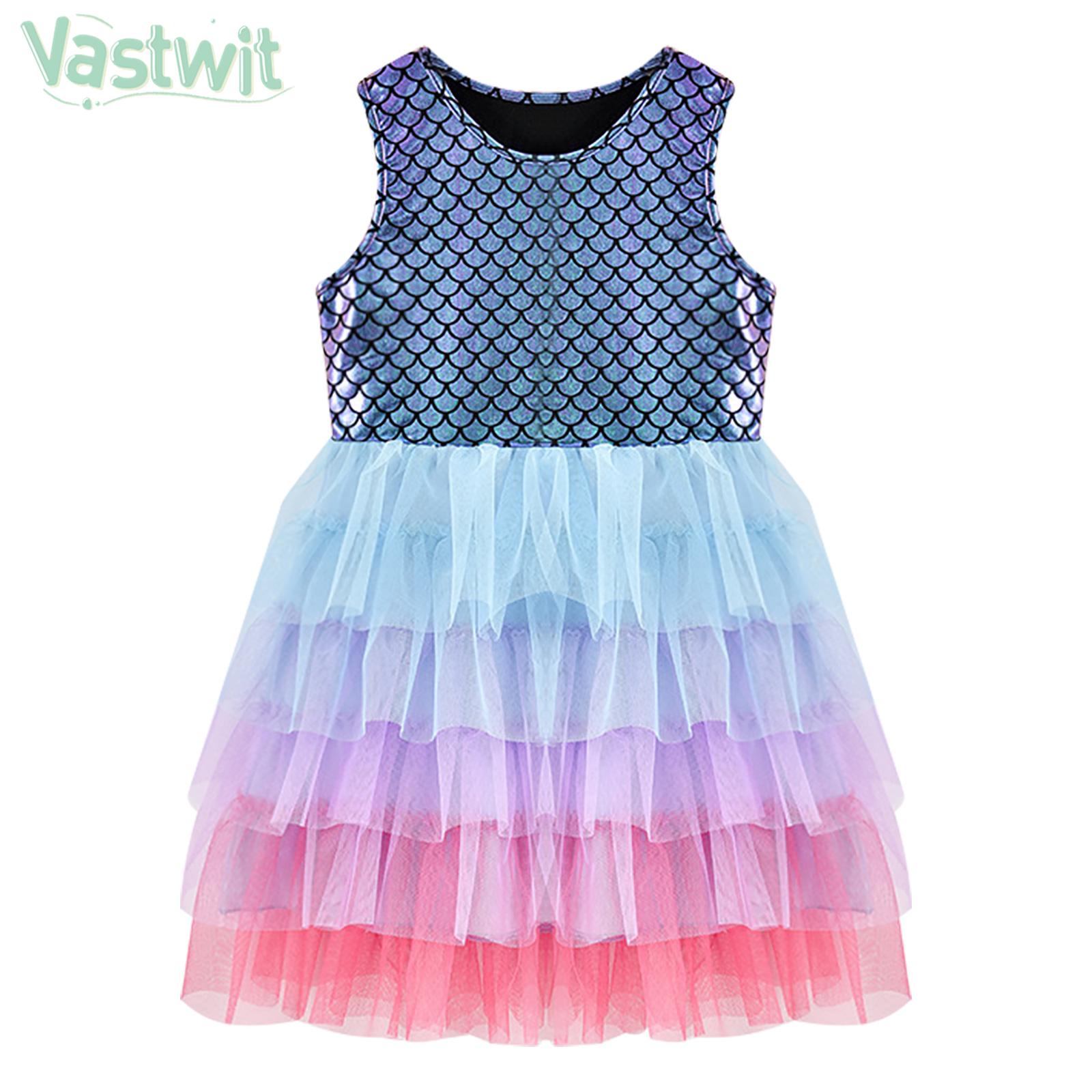 Little Girls Cute Fish Scales Print Gradient Tutu Mermaid Princess Dress Sleeveless Tiered Tulle Sundress for Daily Party School