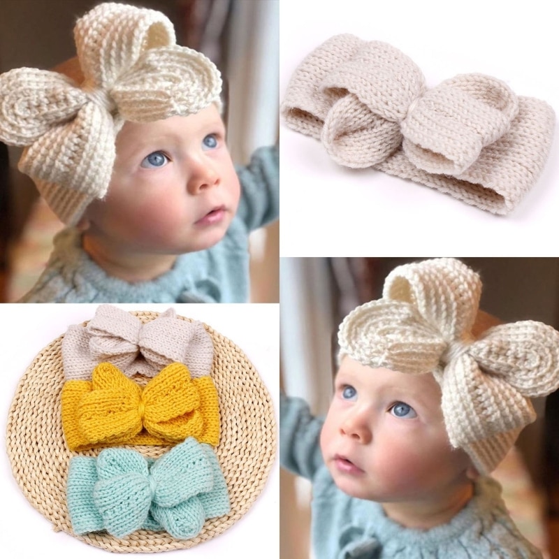 Newborn Baby Girls Headband with Bows Kids Knitted Crochet Headwear for Infants