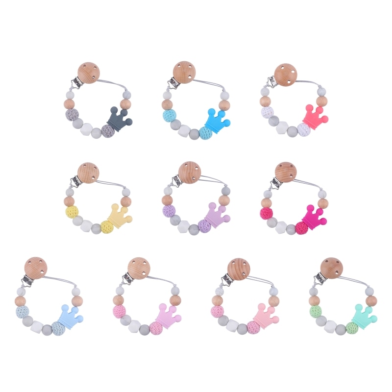 Wooden Bead Pacifier Clips Silicone Crown Dummy Chain Holder Newborn Soother Chains Nipple Holder for Babies Teething