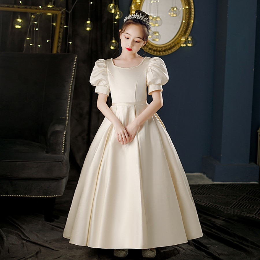 Princess Pearls On Collar Backless Pageant And Night Dinner Dress 3 To 16 Years Girls Short Puff Sleeve Prom And Evening Gown