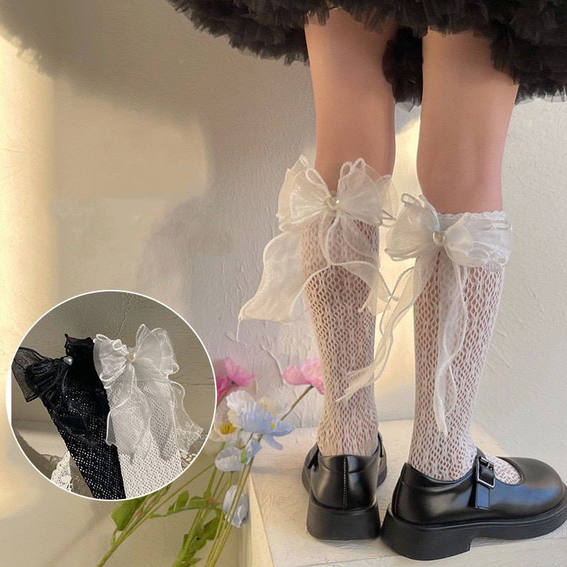 Summer Kids Girl Calf Sock Korean Fashion Lace Lolita Big Bow Knee High Sock for Children Girl Thin Breathable Ruffle Calf Sock