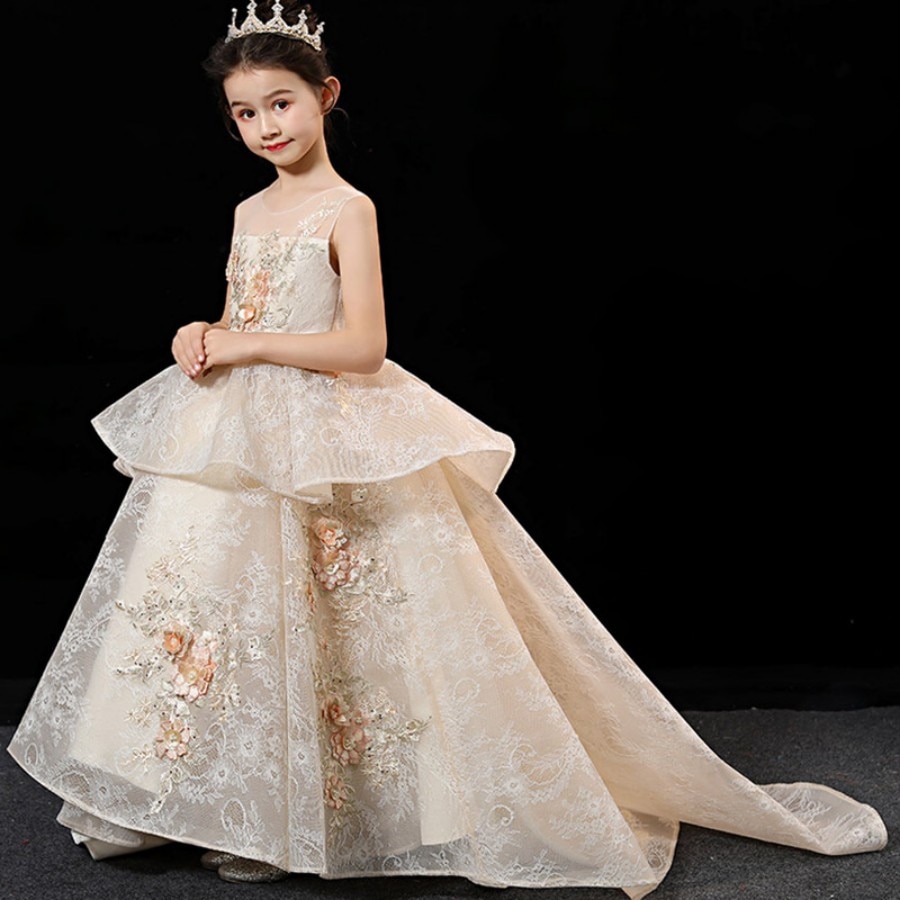 High End Girls Embroidery Floral Ruffle Prom And Evening Ankle Length Dress 3 To 16 Year Backless Wedding And Bridesmaid Dresses
