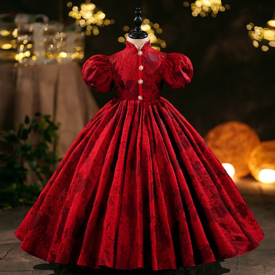 Princess Short Puff Sleeve Stand Collar Pageant And Important Occcasion Dress 3 To 14 Year Vintage Girls Evening Party Ball Gown