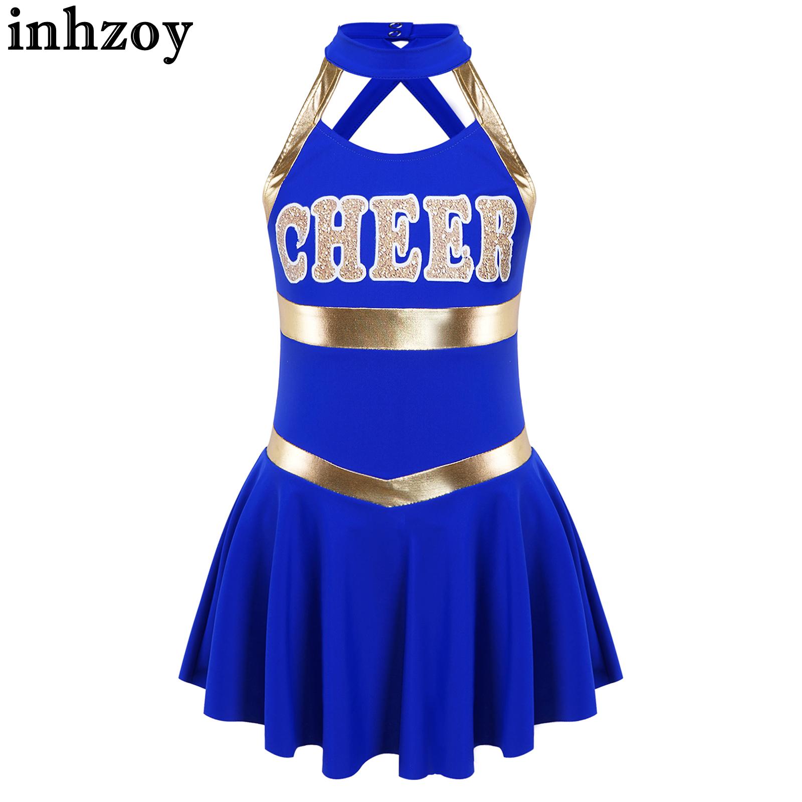 Kids Girls Cheerleading Uniform Dance Dress Sleeveless Halter Neck Letter Print Crisscross Straps Hollow Back Dress Costume
