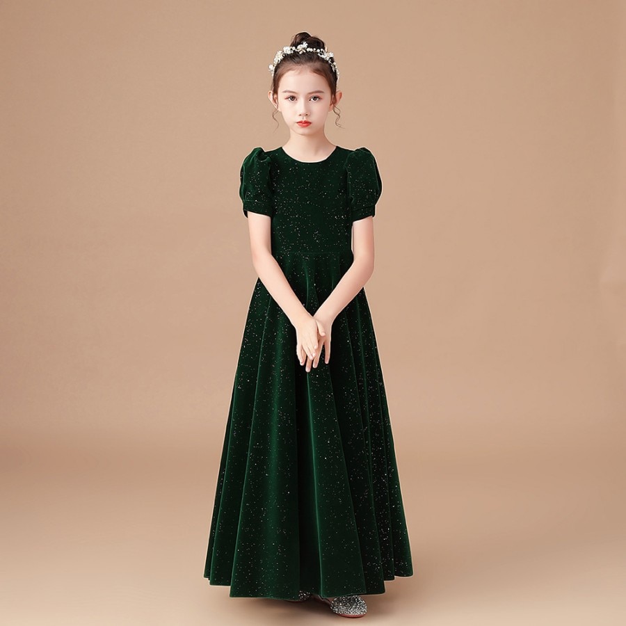 Luxury Princess Short Puff Sleeve Prom And Evening Party Dress 3 To 14 Years Girls Dark Green Shiny Occasion And Gala Ball Gown