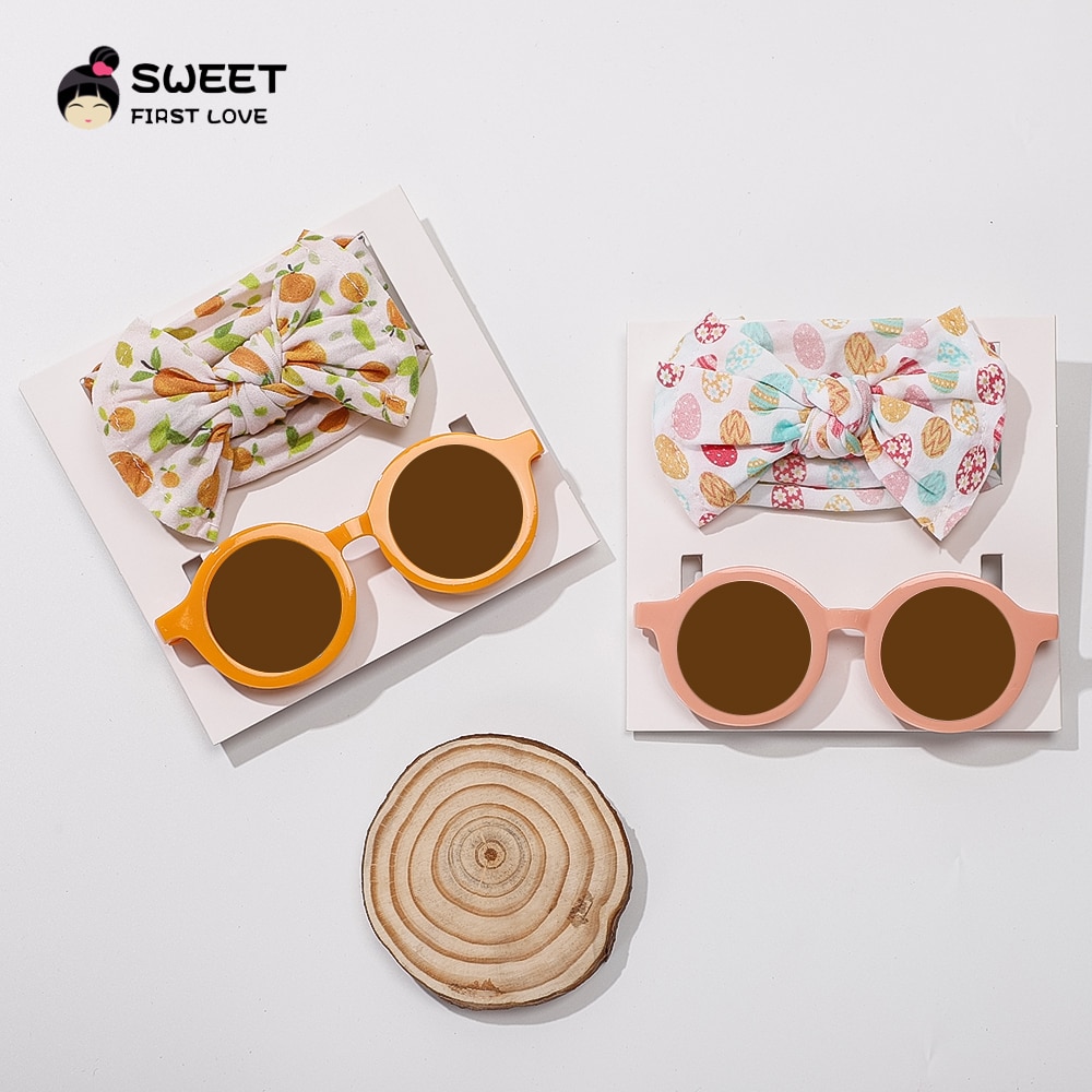 2Pcs/Set Lovely Print Headwear Baby Bows Headband Girl Cute Sunglasses Elastic Nylon Hair Bands Protection Glasses Accessories