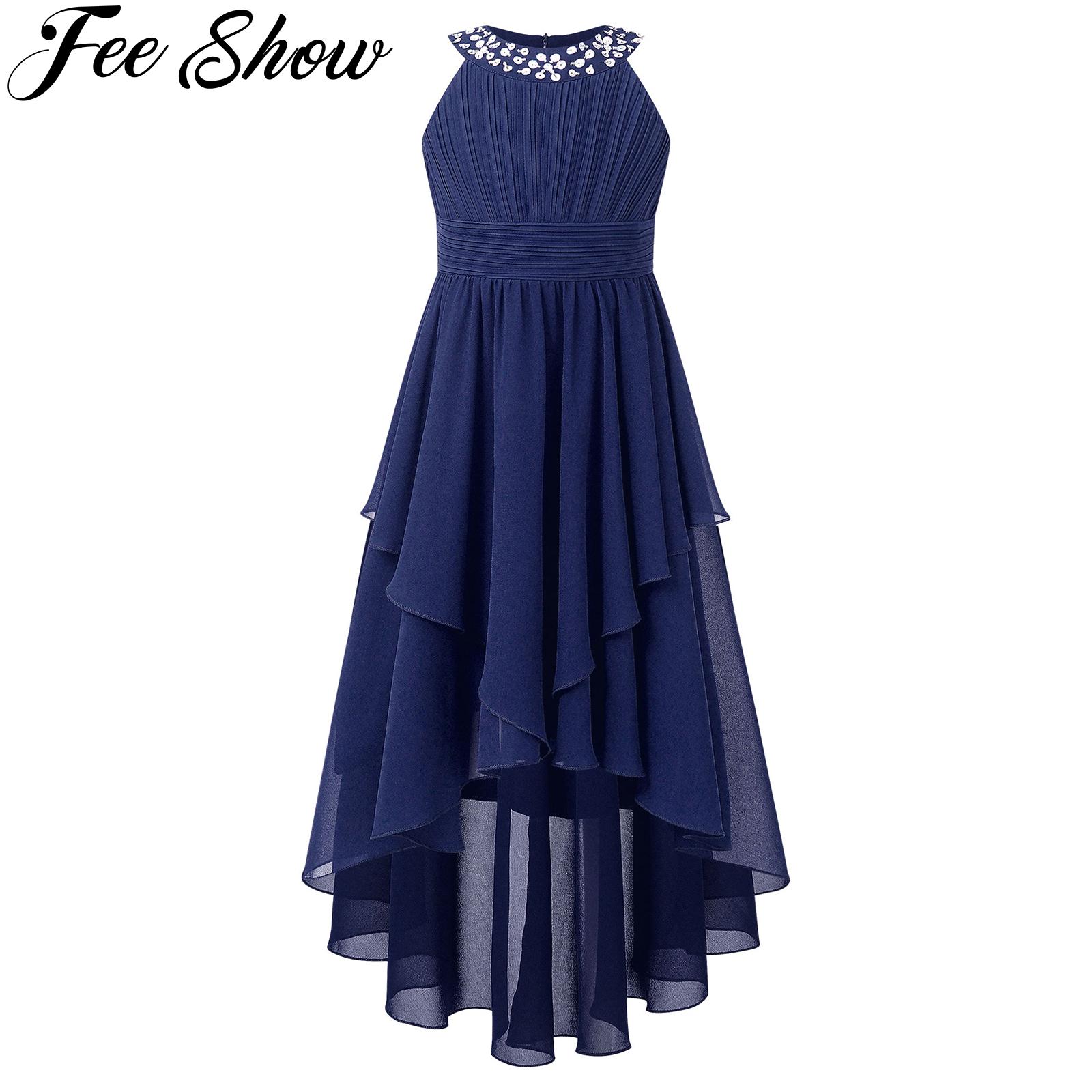 Kids Girls Shiny Beaded Party Dress Sleeveless Ruched High-Low Hem Summer Chiffon Princess Dress for Birthday Wedding Bridesmaid