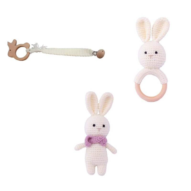 Cream-color Newborn Toy Baby Rattle Crochet Bunny Baby Toy/Newborn Bunny Doll/Babies Pacifier Clip Baby Shower- Present