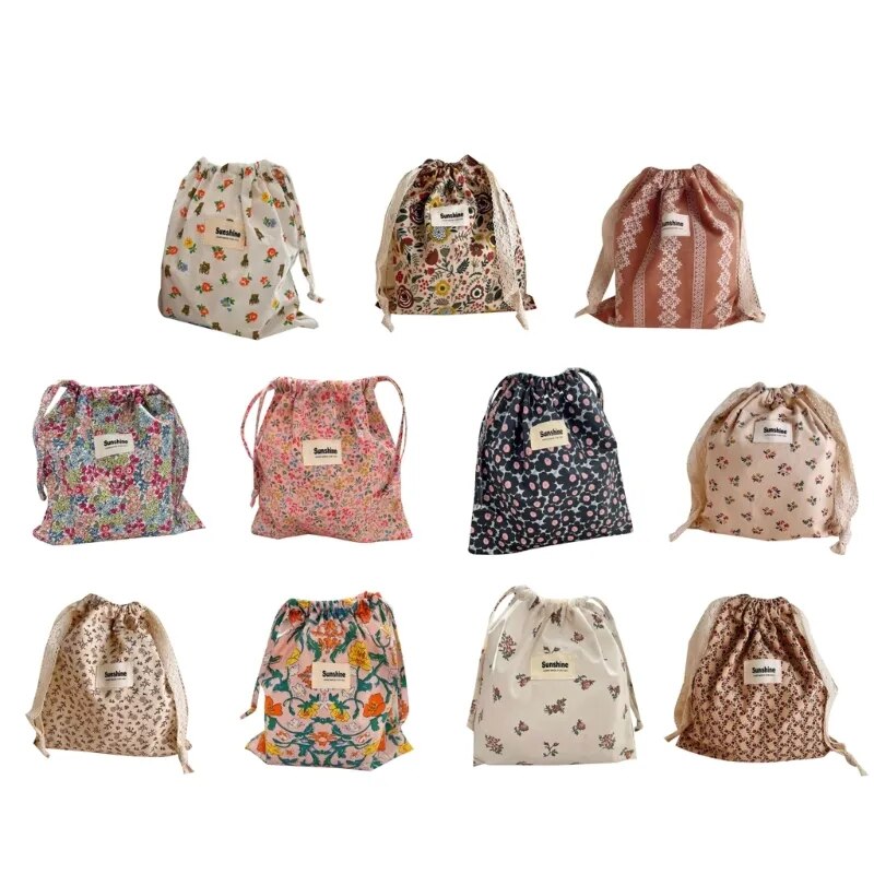 Dry Wet Bag for Baby Diaper Storage Floral Print Nappy Bag Lace Drawstring Pouch