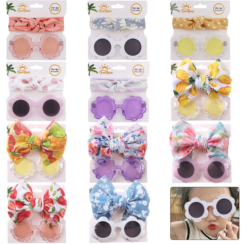 Bohemia Elastic Nylon Beach Seaside Round Flower Kids Headwear Sunglasses Headband Set Sun Glasses Baby Headband