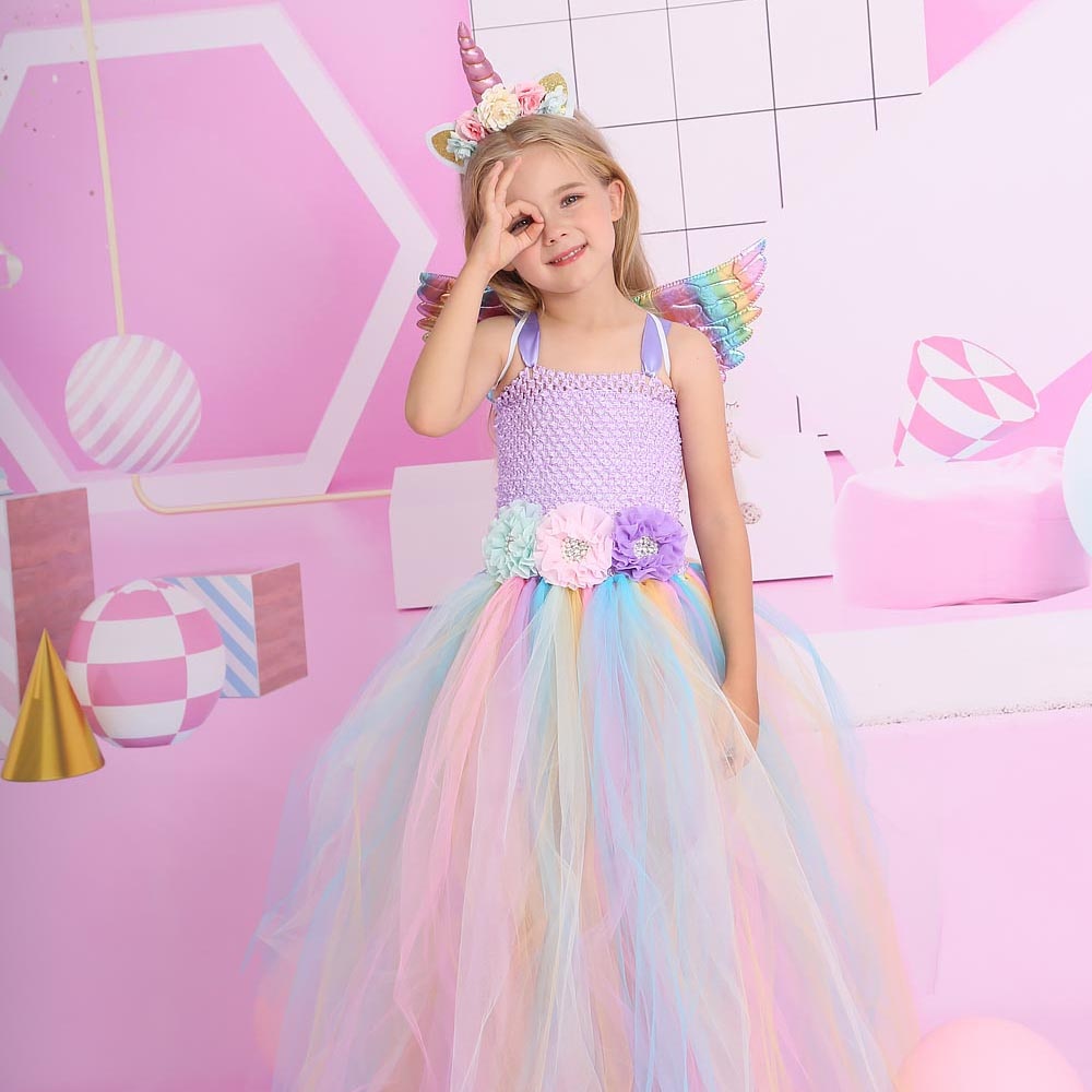 Girls Pastel Unicorn Tutu Dress Baby Birthday Party Outfit Teen Girl Wedding Dresses Flower Girls Princess Tulle Long Dress