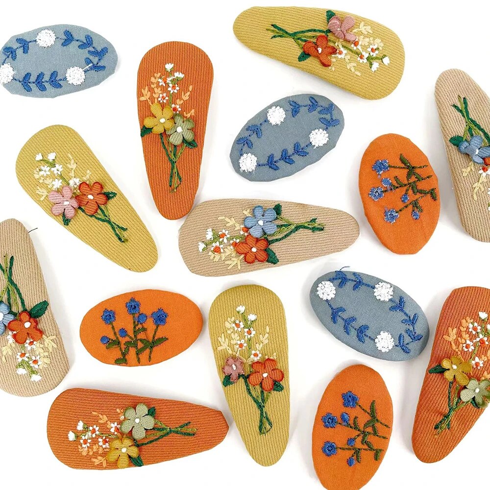 2Pcs/set Children Cute Retro HairClips Sweet Girls Floral Fabric Oval BB Barrette Embroidery Flower Hairpin Kids Hair Accessorie