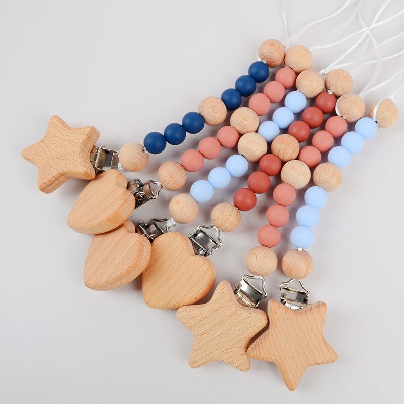 Baby Pacifier Clips Newborn Silicone Beads Holder for Pacifiers Boy Girls Nipple Clip China Wooden Toy Pendent