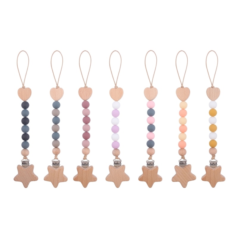 Wooden Bead Pacifier Clips Silicone Dummy Chain Holder Newborn Soother Chains Nipple Holder for Babies Teething Toy Baby Chew
