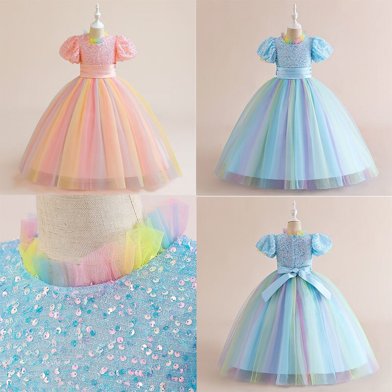 Girls French Puff Sleeve Sequin Wedding Dress Bridesmaid Dress Birthday Princess Dress