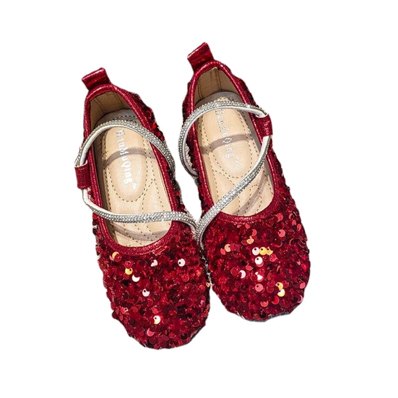 Girls' Princess Crystal Shoe red Shiny Stage Performance Shoes Mary Janes Party Shoes 2023 shallow mouth soft soled Single 