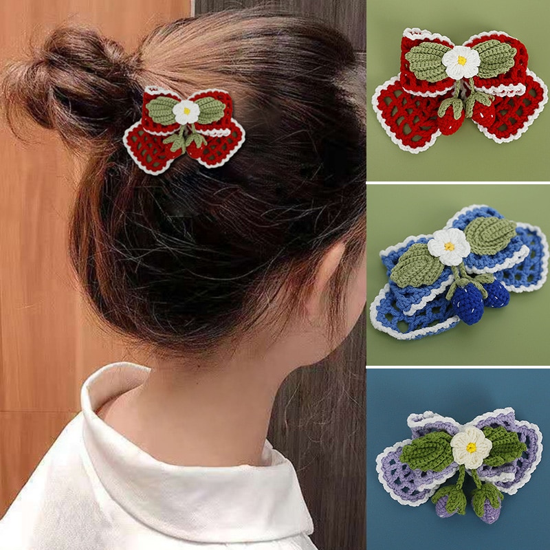 Girl Bowknot Hairpin Blue Wool Red Knitted Children Cute Strawberry Handmade Hair Three-Dimensional Accessories Birthday Gift