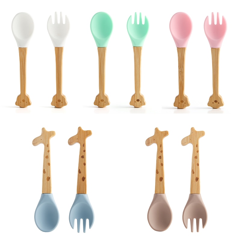 Children Non-toxic Tableware Silicone Soup Spoon Fork Bamboo Wood Handle Utensils Baby Feeding Learn To Eat Training Tableware