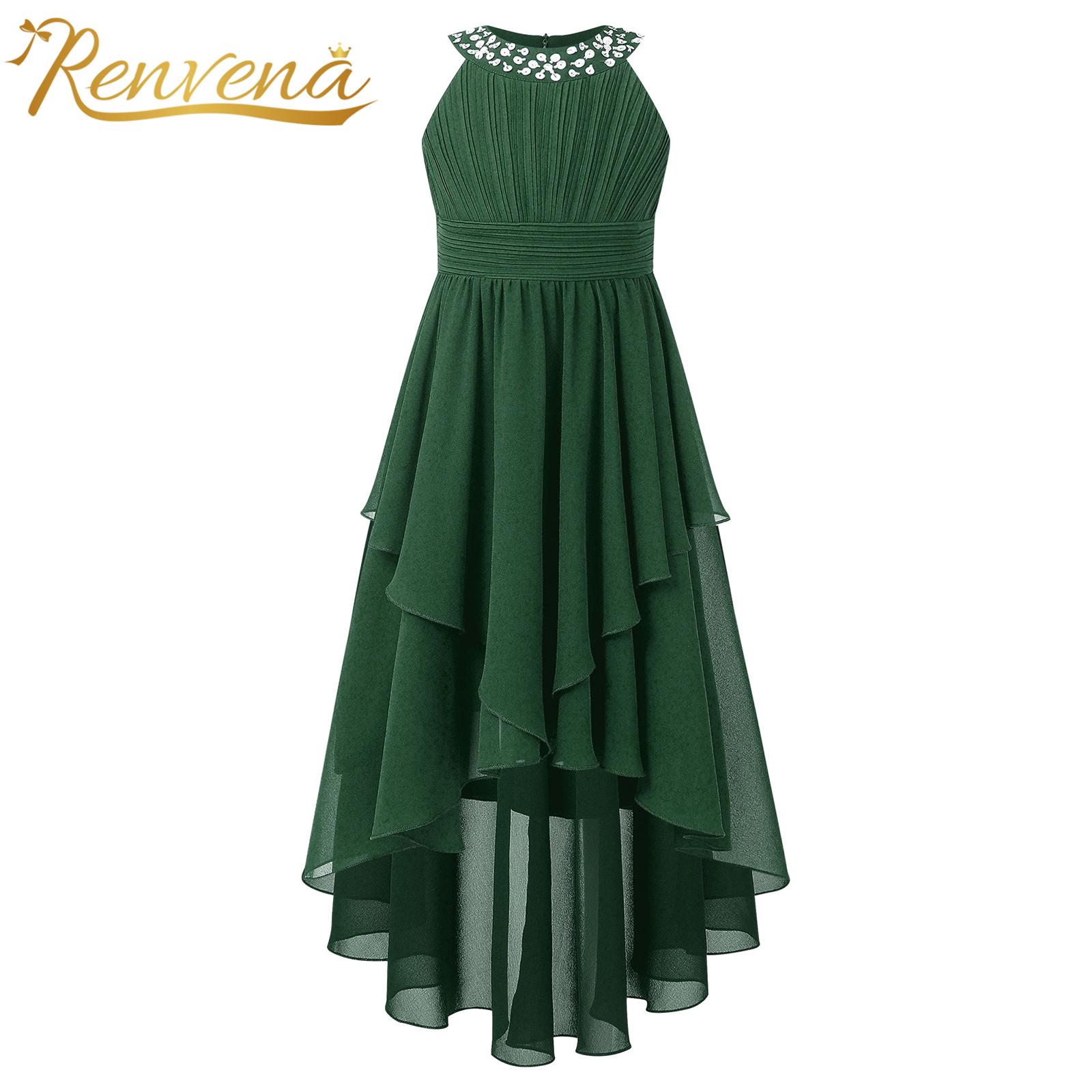 Summer Kids Girls Dress Shiny Princess Party Gown Children Communion Dress Sleeveless Ruched Tiered High-Low Chiffon Dresses