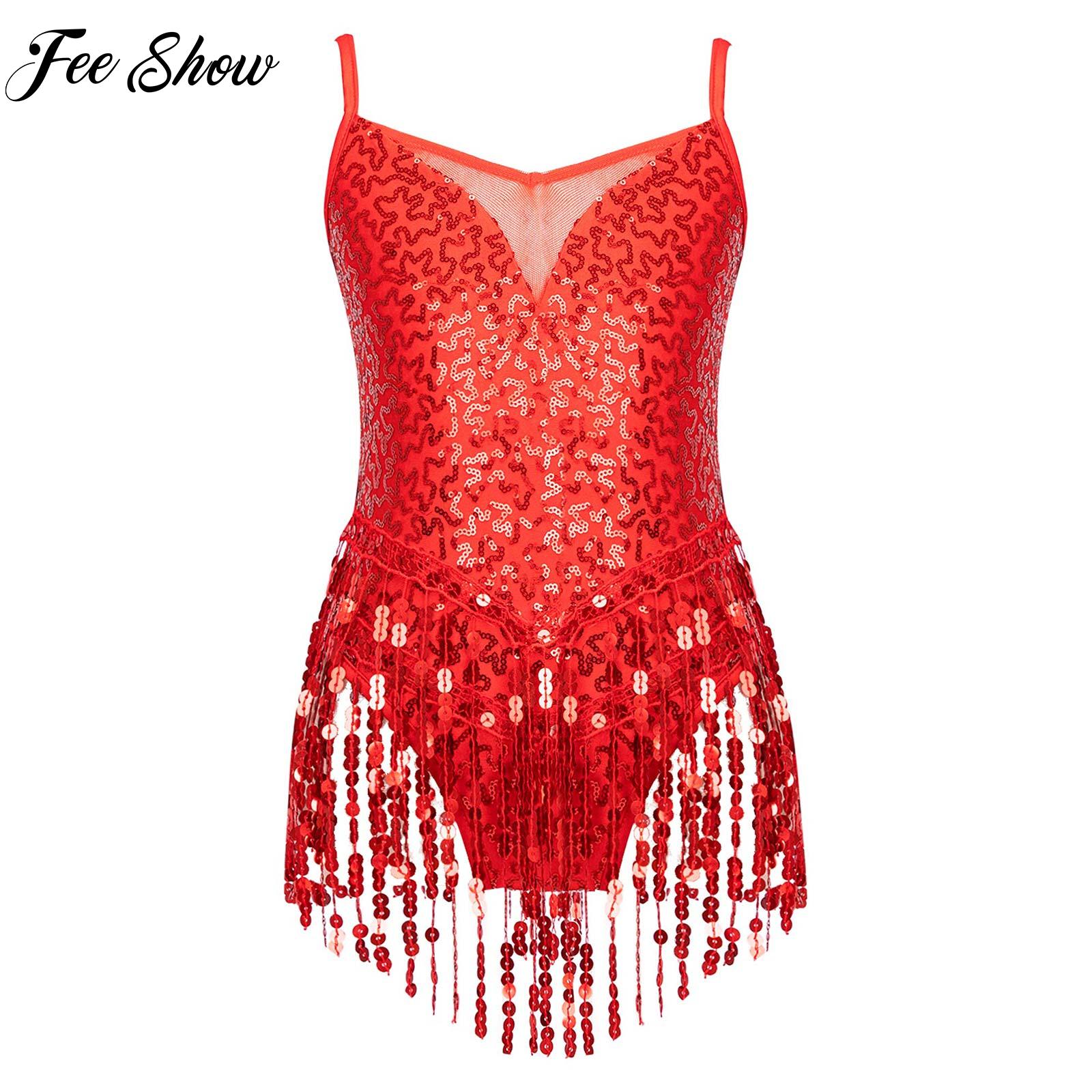 Kids Girls Glitter Sequins Ballet Dance Dress Tassel Leotard Jumpsuits Gymnastics Modern Latin Jazz Dancing Performance Costume