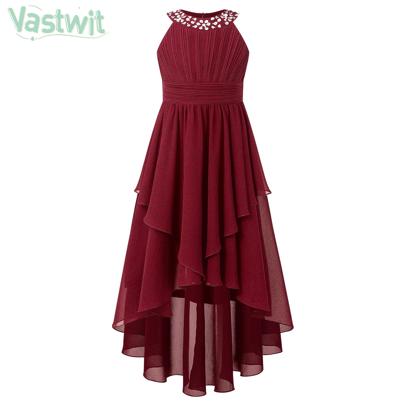 6-16Y Girls Wedding Bridesmaid Dress Elegant Ruched Tiered Hi-Lo Chiffon Hem Princess Party Dress Gown for Birthday Prom Evening