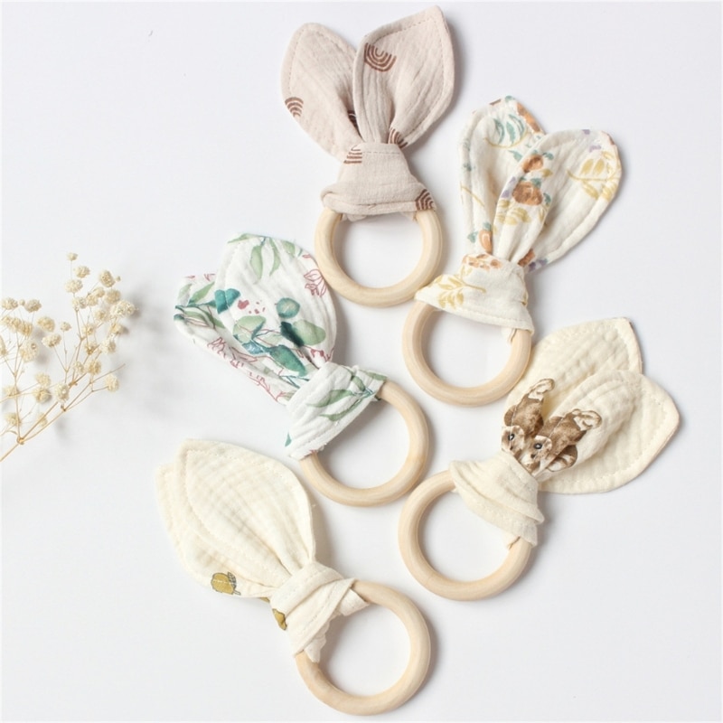 Bunny Ears Baby Teether with Crinkle Cloth & Teething Ring Drool Absorbent Cloth Bunny Ears Teething Toy for Baby
