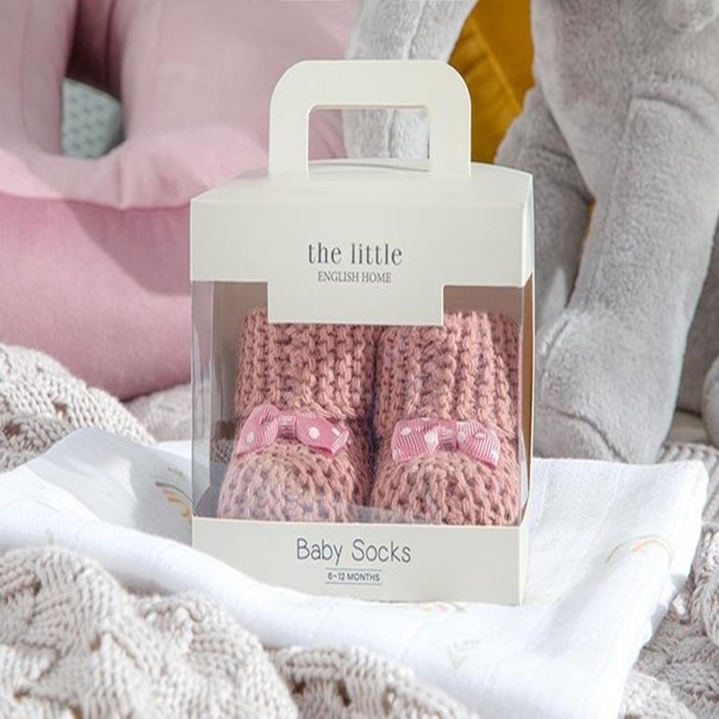 Cute Non-Slip Soft Cotton Bow Baby Socks, Gender Neutral Baby Gift, Soft Knitwear, 6-12 Months, Rose and Beige in Special Box