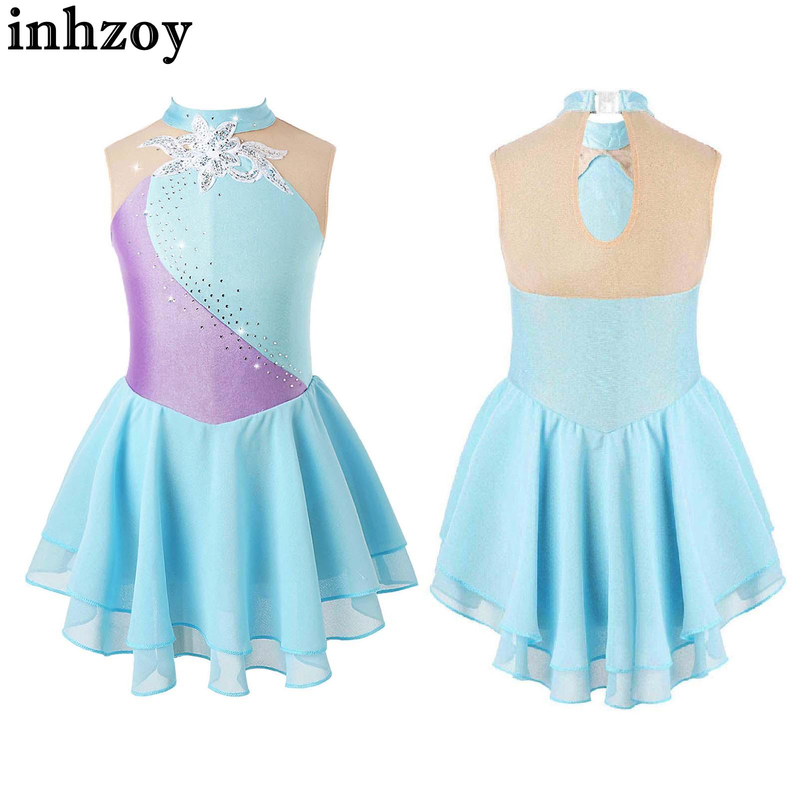 Kids Girls Skating Dance Dress Sleeveless Round Collar Shiny Rhinestone Sequins Decor Patchwork Pleated Bodycon Leotard Dress
