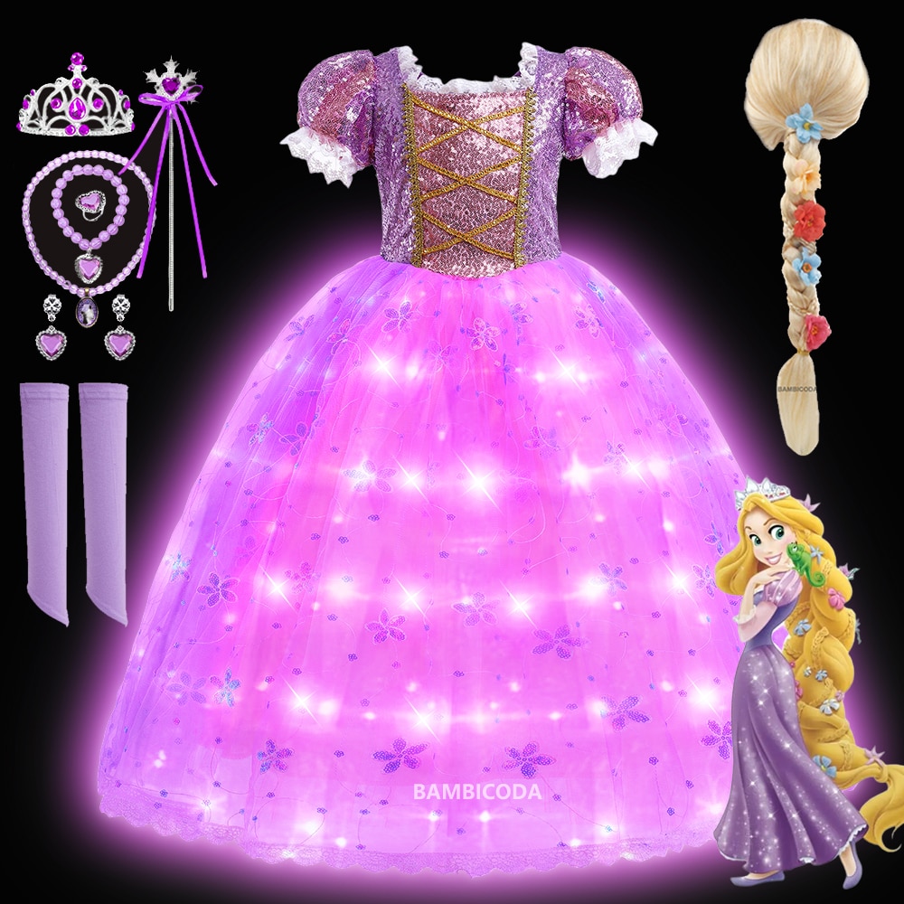 Princess Rapunzel LED Light Up Dress for Girls Kids Cosplay Party Clothes Carnival Evening Dresses Christmas Prom Gown