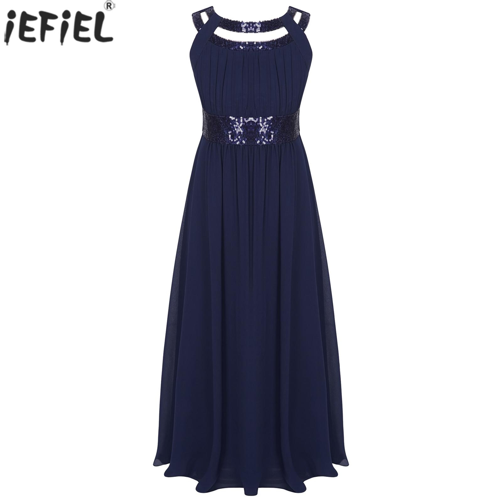 Kids Flower Girls Sequins Cutout Party Dress Chiffon Sleeveless Wedding Evening Bridesmaid Tulle Dresses Birthday Party Princess