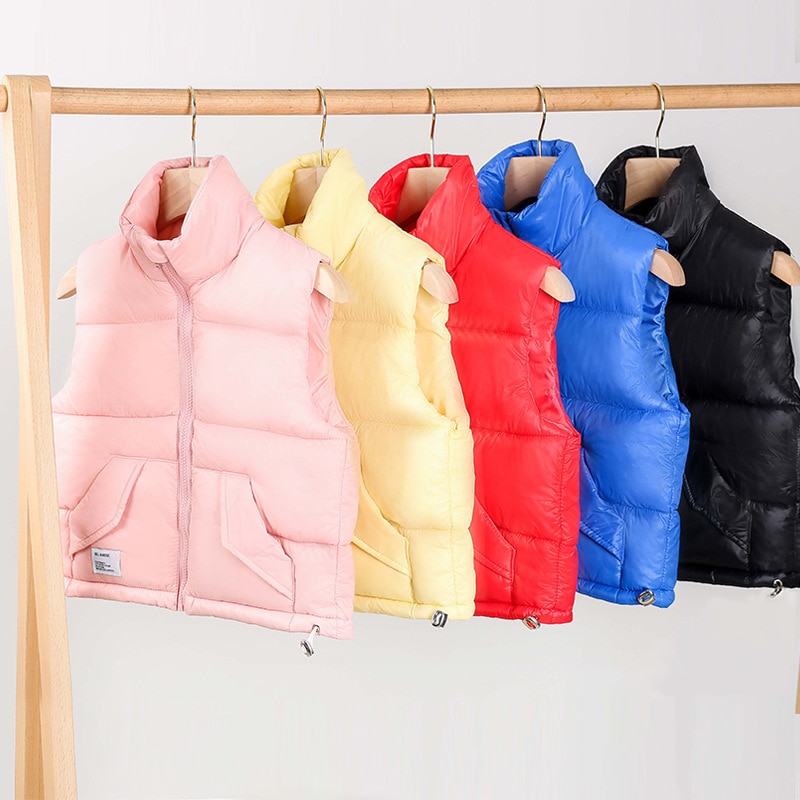 Solid Color Children Stand Collar Cotton Vests Autumn Winter Down Sleeveless Waistcoat Jacket Coat Warm Outerwear 2-10Y Clothes