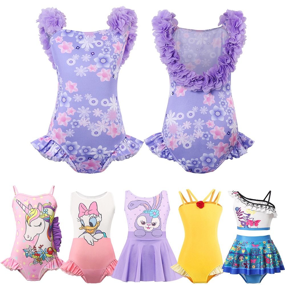 Disney Swimsuit Baby Strap Children Little Girls Holiday Beach Wear Cosplay Encanto Isabela Elsa Mermaid Ariel Swimming Suit