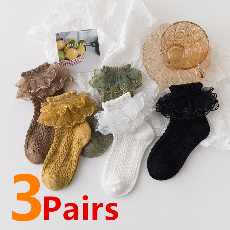 3 Pairs Summer Girls Socks Baby Kids Ruffle Sock Cute Baby Frilly Toddle Designer White Black Lace Kid Cotton Socks For 1-12 Yrs