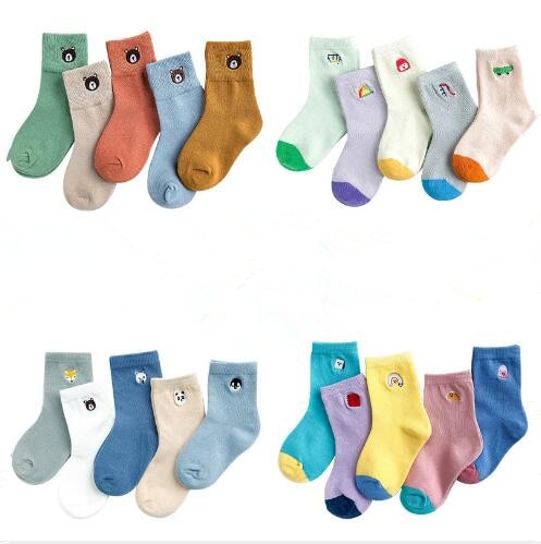 5Pairs Pack Children's kids socks 1-12Year manufacturers wholesale autumn and winter embroidery striped cartoon baby socks