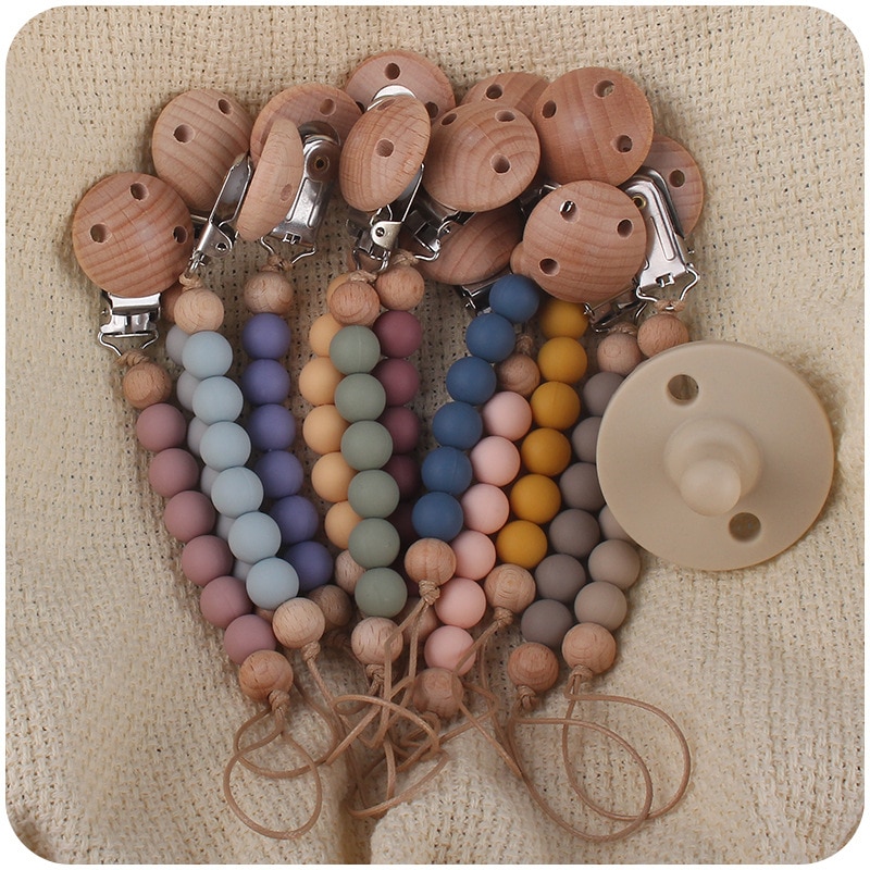 Beech Wood Chew Bead Pacifier Clips Dummy Chain Holder Newborn Soother Chains Nipple Holder For Babies Teething Toy Baby Chew