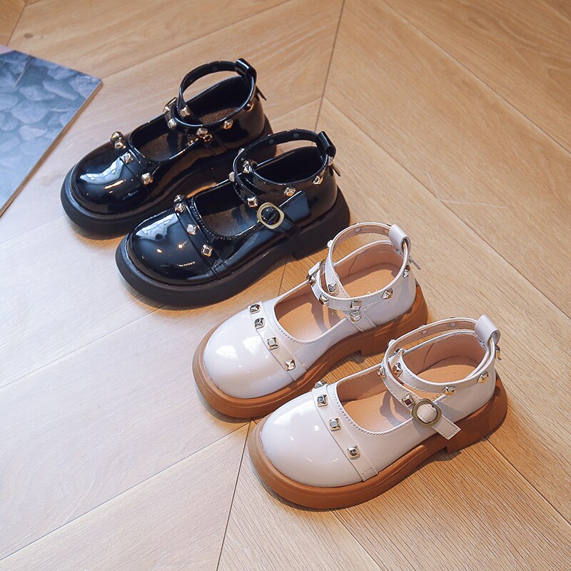 Mary Girl's Rivet Kids Children Style Autumn Lolita Toe Leather Trendy Chunky Shoes Cover Janes Cross-tied Shoe Comfy Punk 