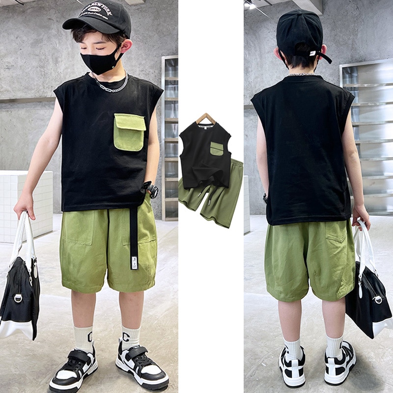 Children's Summer Tank Top Set 2023 New Boys' Summer Sleeveless Two Piece Set Medium To Large Children's Thin Clo