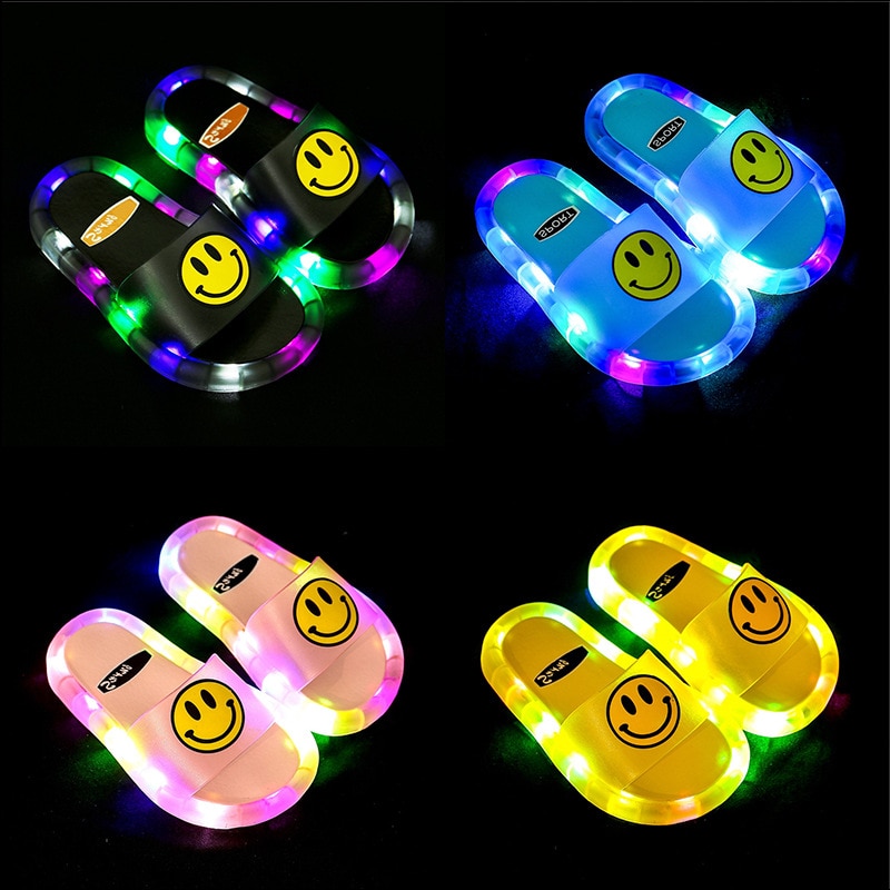 Kruleepo LED Shiny Slippers Shoes for Baby Girls Children Boys Luminous Light Cartoon Animation Smilling Face Flip Flops Sandals