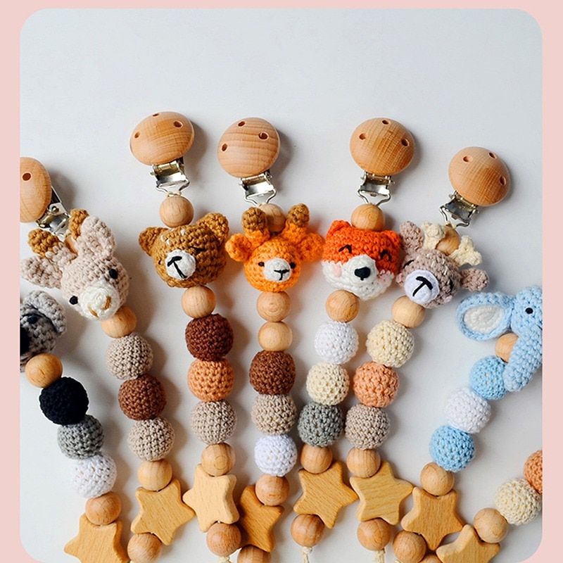 Baby Pacifier Clips Beads Wooden Pacifier Chain Wool Animal Cute Infant Appease Soother Safe Teething Dummy Holder Nipple Clip