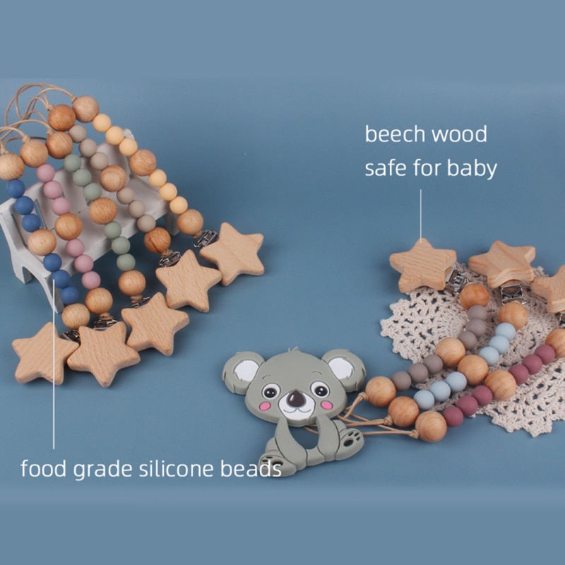 Baby Silicone Pacifier Chain Beech Wood Heart Pacifier Clips Children Newborn Soothing Bead Nipple Anti-drop Chain Accessories