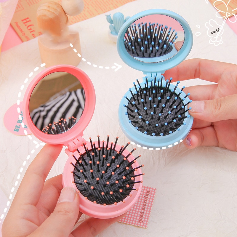 Mini Portable Activity Gym Air Cushion Massage Hairbrush with Mirror Korean Solid Color Soft Cute Hair Brush Comb for Women Baby