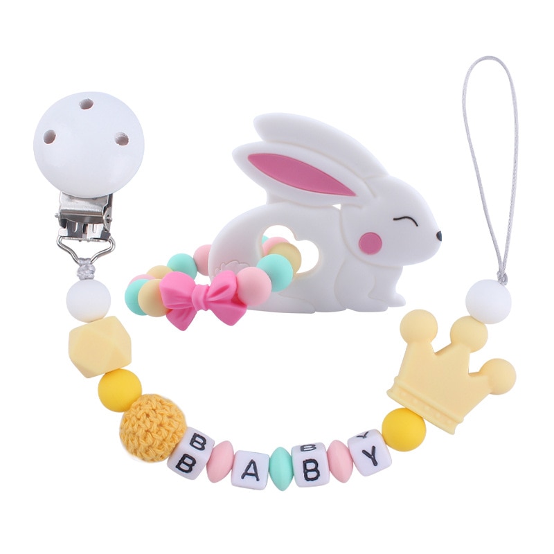 New Personalized Pacifier Clip Custom Baby Name Pacifier Chain Rabbit Silicone Baby Tooth Chain Anti Falling Teething Toy Gift