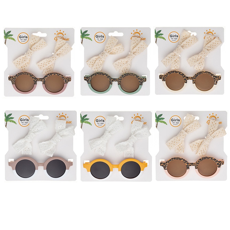 3Pcs/Set Leopard/Solid Color Toddler Sunglasses + Cotton Lace Hair Clips Set Hollow Princess Hairpins Kids Headwear Accessories