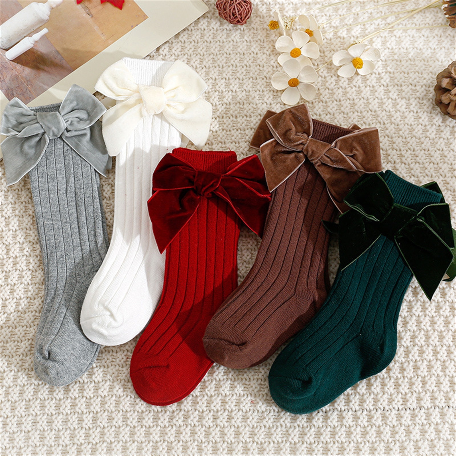 Toddler Baby Girls Bowknot Ribbed Stockings Newborn Infant Cotton Soft Non-slip Knee Socks Kids Autumn Winter Floor Socks