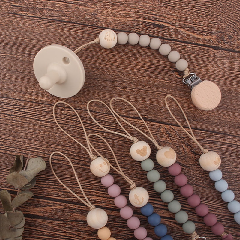 Safety Wooden Baby Infant Toddler Dummy Pacifier Silicone Soother Nipple Clip Chain Holder Strap Baby Chew Baby Teether Teething