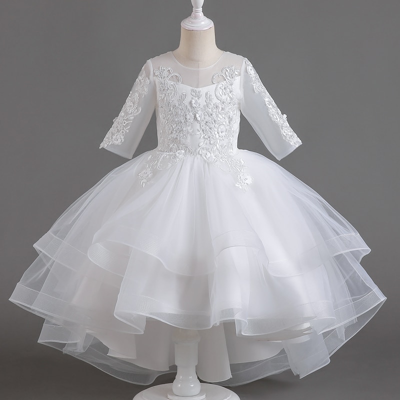 TF01 Girls' Spring and Autumn Mesh Tug Dress Fluffy Evening Middle Sleeve Host Piano Performance Robe Formal Occasion