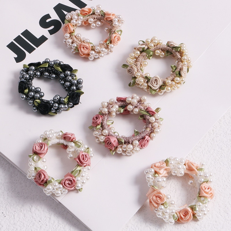 Girl Sweet Pearl Rose Flower Rubber Hair Band Children's Hair Ring Scrunchies All-Match Head Rope Kids Headdress