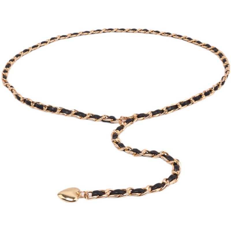 Winkinlin Women Metal Chain Weave Belt Heart Bead Flower Pendant Waistband Dress Sweater Woolen Coat Decorative Adjustable Belt